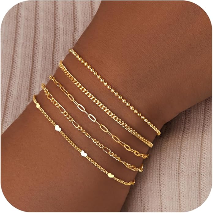 Gold Bracelets for Women Non Tainish,Dainty Bracelets Stack for Women Trendy, Gold Plated Cuff Bracelets Stack With Beaded Cuban Paperclip Snake Rope Bangle Hand Chain Jewelry Gifts for Women