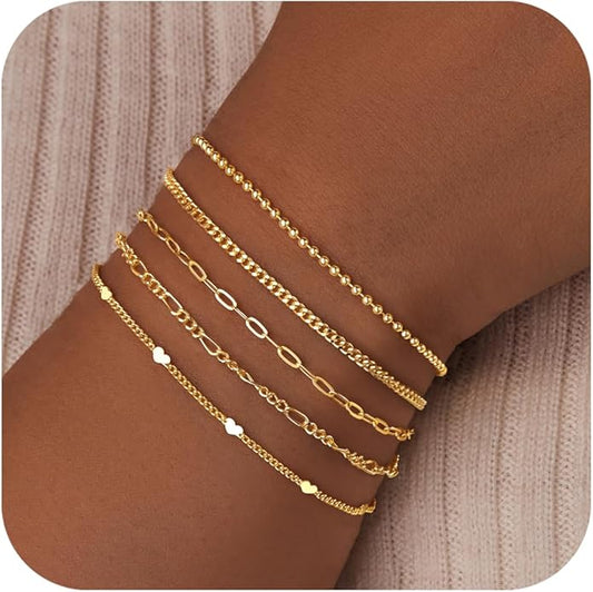 Gold Bracelets for Women Non Tainish,Dainty Bracelets Stack for Women Trendy, Gold Plated Cuff Bracelets Stack With Beaded Cuban Paperclip Snake Rope Bangle Hand Chain Jewelry Gifts for Women