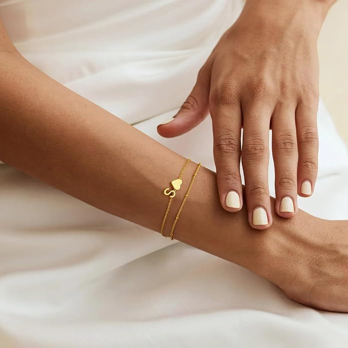 M MOOHAM Christmas Gifts for Grandkids Teens Girls -14K-Gold-Plated Heart Initial Bracelets for Women Girl Dainty Gold Bracelets Birthday Gift Stocking Stuffers for Women Teenage Girls Kids Gifts