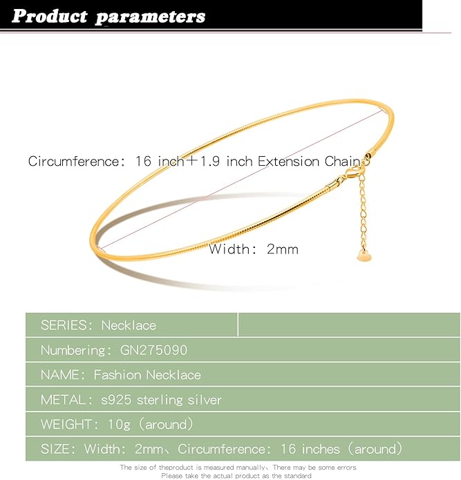 Women 925 Sterling Silver 2MM Solid Dome Collar Necklace Simple Fashion Golden 16 "18" 20 "+1.9 "Adjustable Length Choker Fine Jewelry Gifts