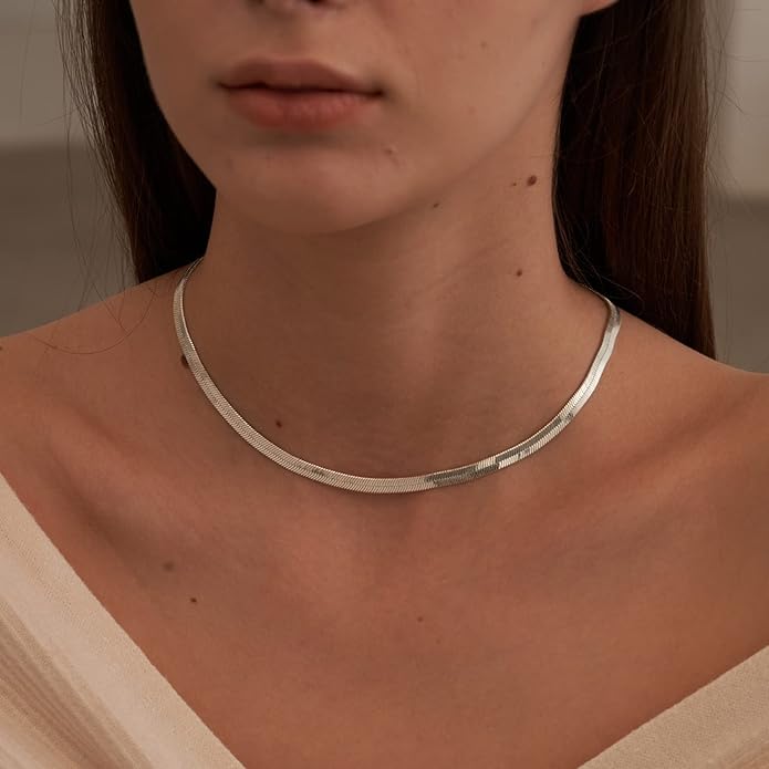 CHESKY Gold Necklace for Women-14K Gold Plated/Sterling Silver Plated Snake Chain Necklace Dainty Simple Chunky Herringbone Necklace Choker Necklaces Jewelry for Women