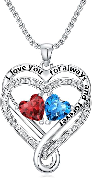 I Love You for Awlays and Forever Double Heart Necklace with Birthstone, 2 Birth Stone Jewelry Anniversary Valentines Mothers Day Christmas Birthday Gifts for Women Her Wife Girlfriend Mom Mother