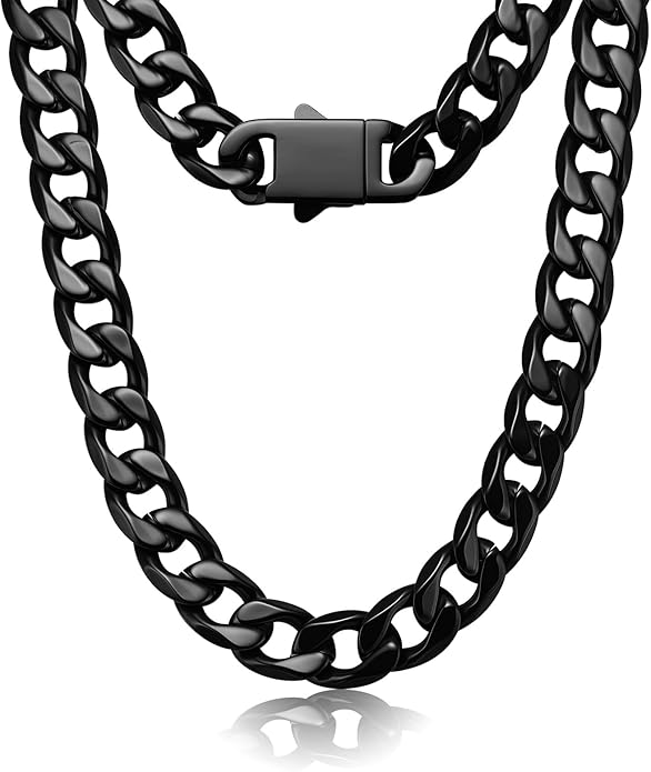 PAITAIN 11MM Cuban Link Chain for Men Silver Chains for Men, 316L Stainless Steel and 925 Sterling Silver Filled, Sliver Mens Chain, Available In 20/22/24/26/28/30 Inches, Black Silver Mens Necklaces