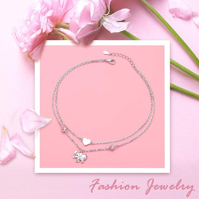 FLYOW Anklet for Women S925 Sterling Silver Adjustable Foot Beaded Heart Charm Ankle Bracelet Anklets Jewelry