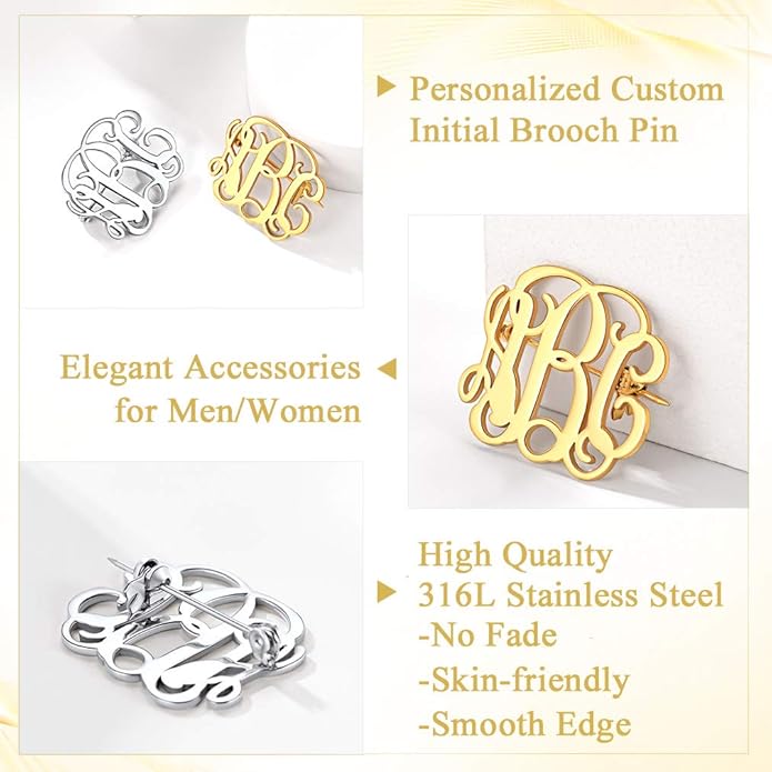 Custom4U Custom Name Pin Personalized Brooch Pins for Women Men Stainless Steel Name Tag with Letters/Initials - Silver/Gold/RoseGold/Black Customized Jewelry Gifts for Birthday Wedding Business Party