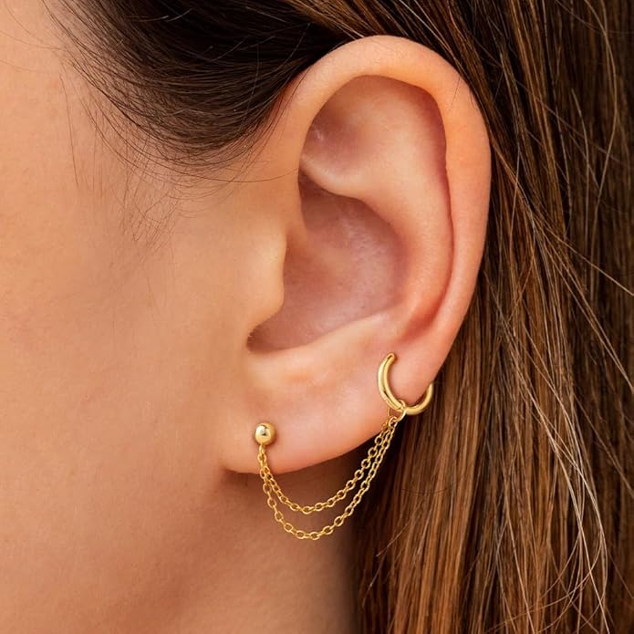 Freekiss Gold Chain Studs Earrings for Women Trendy: Hypoallergenic 14K Gold Plated Dangle Earrings Dainty Small Long Chain Earring Set Fashion Gold Jewelry for Women