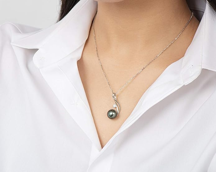 DENGGUANG Tahitian Black Pearl Necklace for Women Genuine 9-10mm Round Tahitian Cultured Pearls Pendant 18K Gold Plated 925 Sterling Silver - Jewelry Gifts for Mom Wife Daughter
