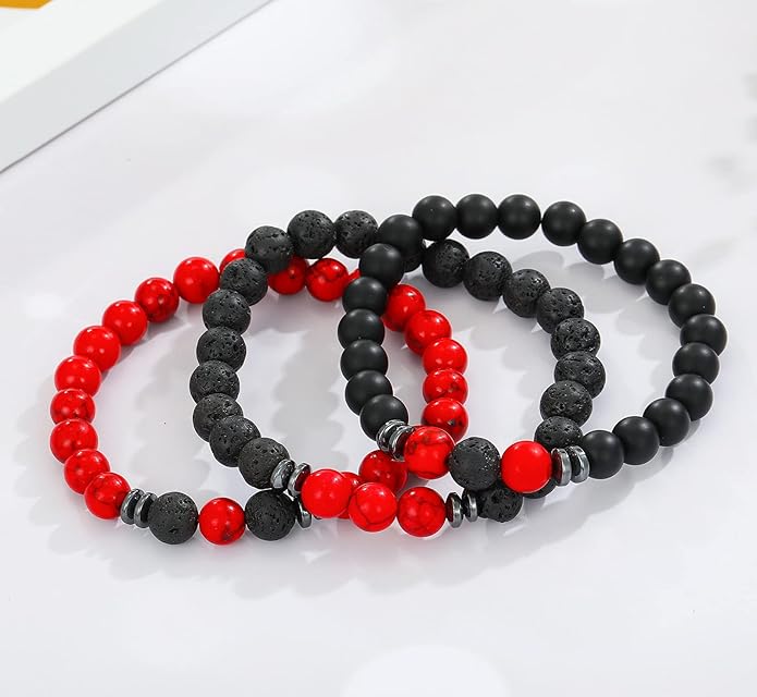 MengPa Mens Beaded Bracelets Couples Matching Bracelet Set Lava Rock Beads for Women Stone Jewelry