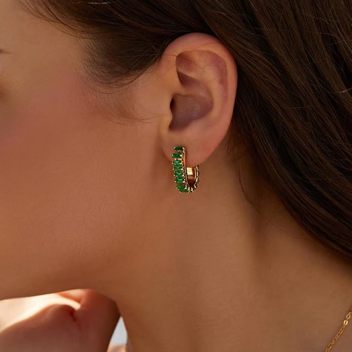 Green Crystal huggie gold hoop earrings for women Girls,14K Gold Plated with 925 Sterling Silver Post color Cubic Zirconia dainty cute Earrings| CZ Stud Earring