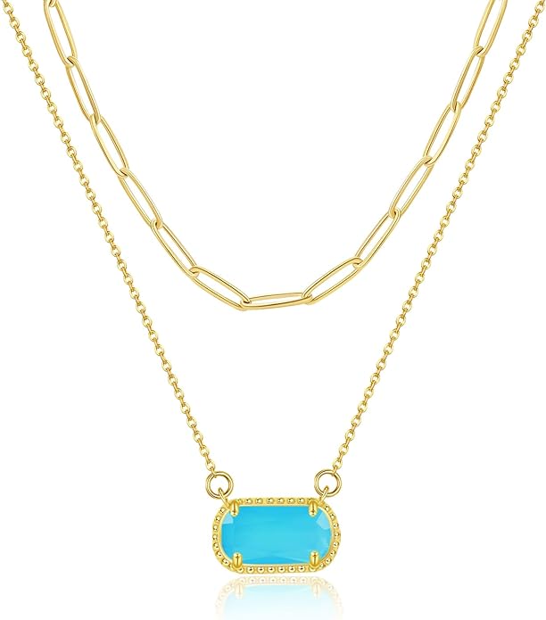 Lourny Gemstone Birthstone Pendant Layered Necklace for Women Trendy, 18K Gold Plated Paperclip Chain Preppy Choker Charm Necklace for Women Wife Jewelry