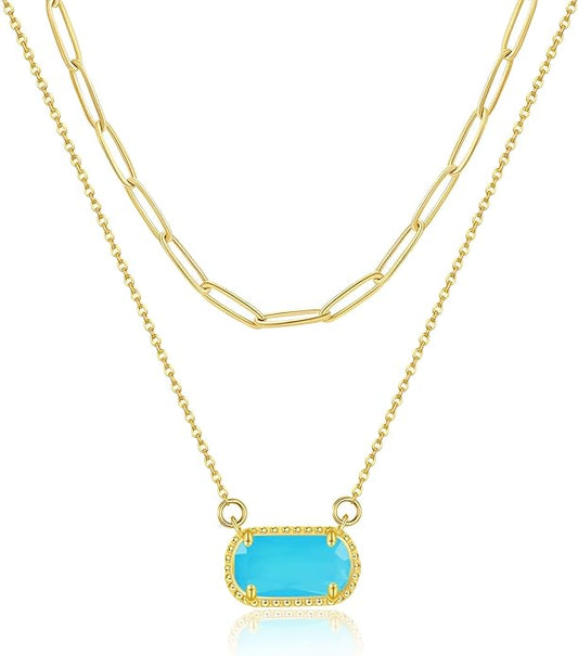 Lourny Gemstone Birthstone Pendant Layered Necklace for Women Trendy, 18K Gold Plated Paperclip Chain Preppy Choker Charm Necklace for Women Wife Jewelry