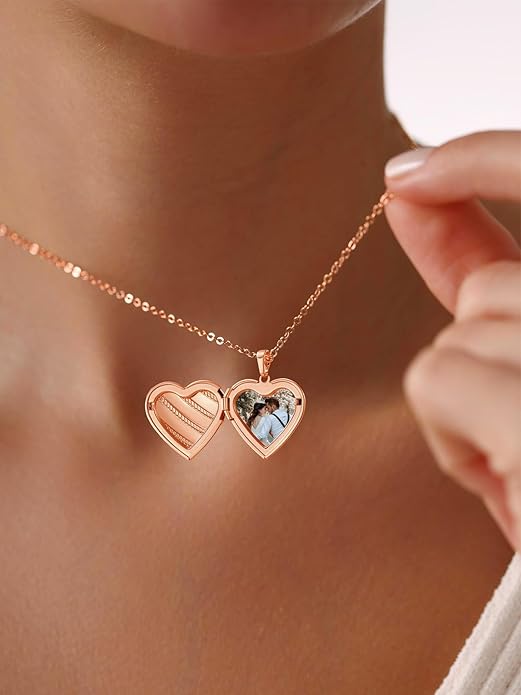 U7 Women Locket Necklace Platinum 14K Gold Photo Lockets that Hold Picture,Chain 20 Inch Personalized Gift Custom Love Heart Image Necklaces