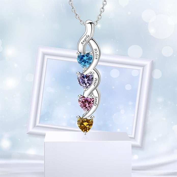 MissNaNa Sterling Silver Personalized Mothers Necklace with Simulated Birthstones Engraved 1-6 Children Names Custom Love Heart Pendant Family Necklace for Women Mother's Day Birthday