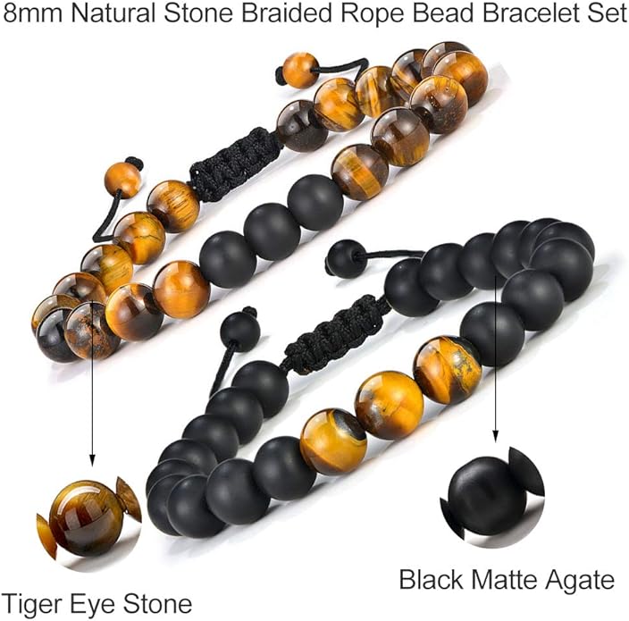 M MOOHAM Natural Stone Bracelets for Men - 8mm Tiger Eye, Matte Agate, Lava Rock - Teen Boys Gifts for Birthday, Anniversary, Christmas
