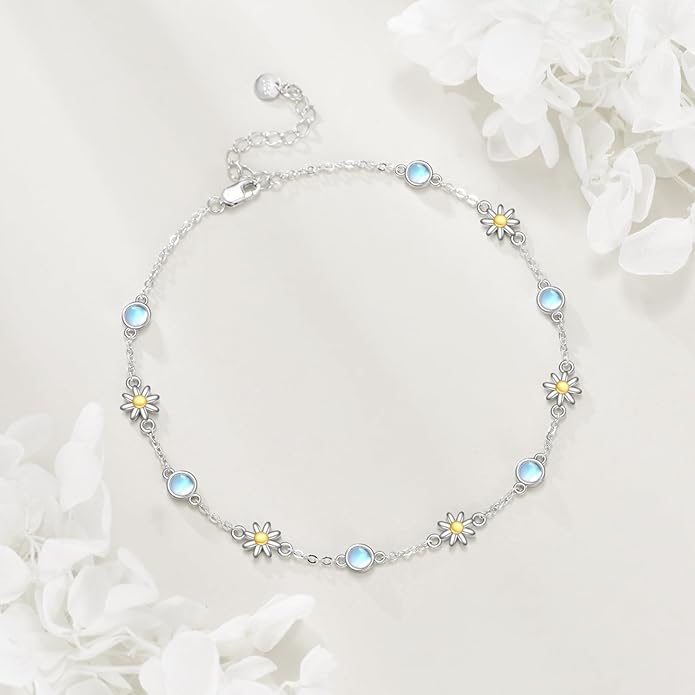 CRMAD 925 Sterling Silver Daisy/Sunflower Moonstone Anklet Daisy Flower Ankle Bracelet for Women Beach Dainty Jewelry
