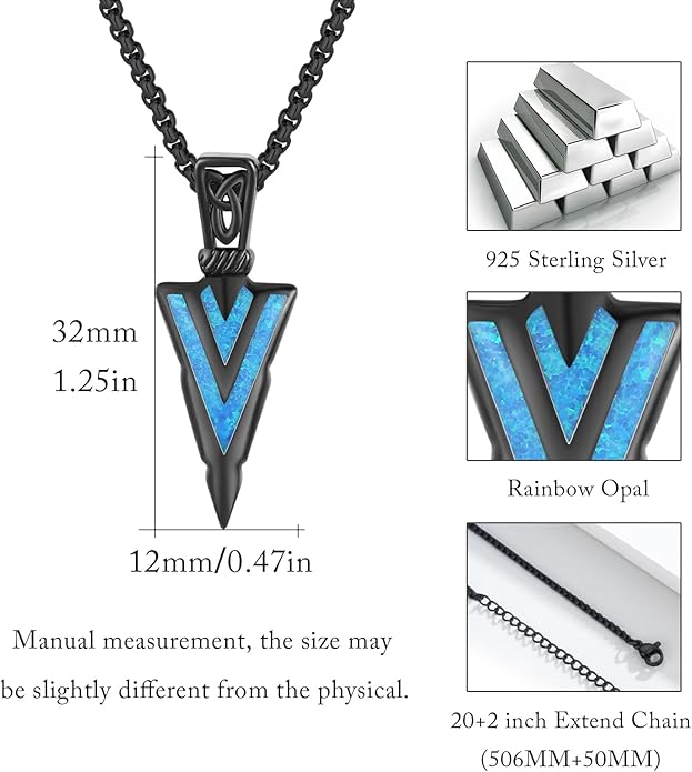 PCTJYFU Arrowhead Necklace 925 Sterling Silver for Women Men Pendant with Blue Opal/Abalone Shell/Turquoise Black Gold Plating Protective Symbol Jewelry Adjustable Chain Gift for Him Her