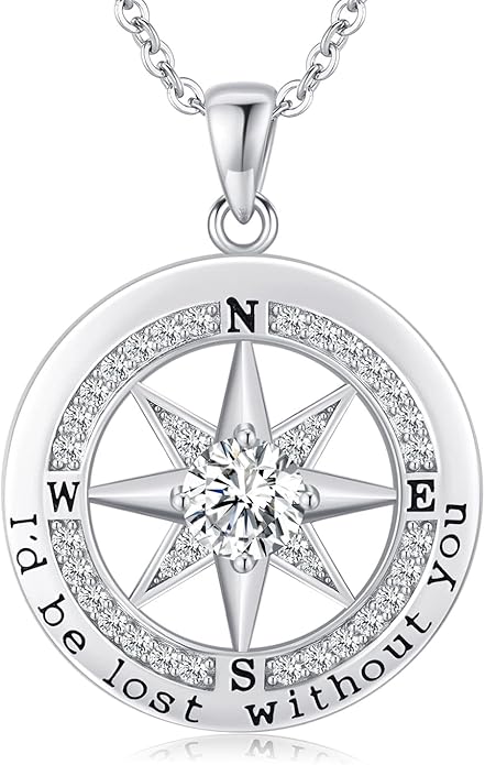 S925 Necklace Gift for Wife |Compass Jewelry |Women Anniversary |Sterling Silver |Girlfriend Birthday Gifts for Her Valentines |I'd be Lost without You |Jewel 18K Gold