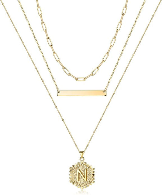 Turandoss Gold Layered Initial Necklaces for Women, 14K Gold Plated Bar Necklace Handmade Layering Hexagon Letter Pendant Beads Chain Necklace Layered Necklaces for Women Gold Jewelry Gifts