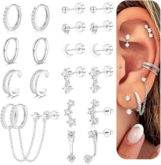 Florideco 14K Gold Plated Earrings for Women Hypoallergenic 20G Surgical Stainless Steel Flat Back Stud Earrings Dainty Stackable Earring Stacks Small Cartilage Earring Sets for Multiple Piercing