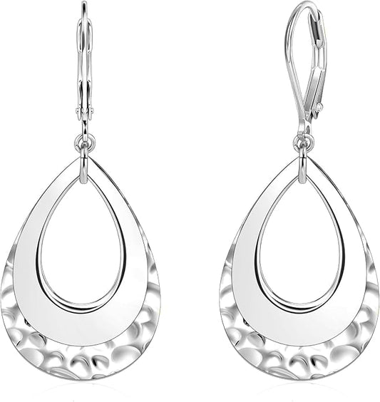 925 Sterling Silver Teardrop Dangle Earrings for Women Hammered Layer Drop Dangle Earrings Jewelry Hypoallergenic Boho Teardrop Leverback Dangle Earings for Jewelry Gifts