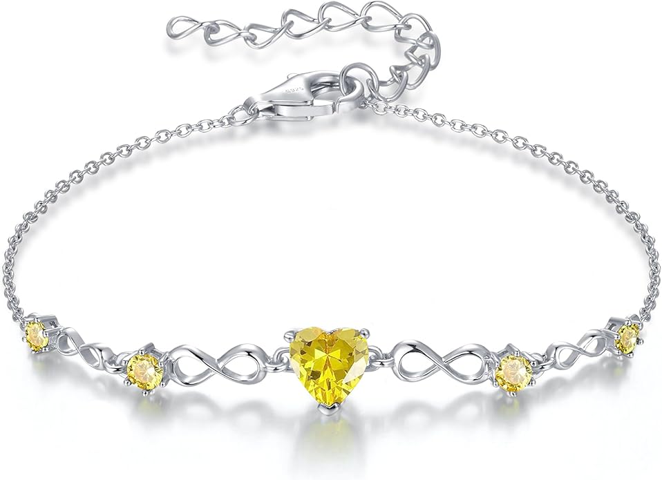 G&GEMSJEW Infinity Heart Birthstone Bracelets for Women, 925 Sterling Silver Women Charm Link Bracelet Adjustable, Birthday Anniversary Christmas Jewelry Gifts for Women Wife Mom Girlfriend Her