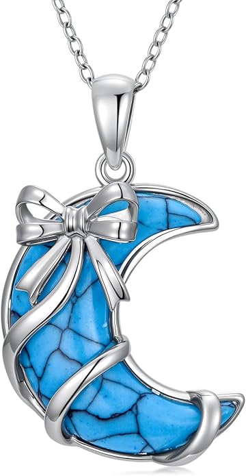 SELKAT 925 Sterling Silver Turquoise Moon Pendant Necklace for Women, Snake/Flower/Bow/Tree of Life/Star Moon Necklace, Dainty Jewelry for Daily Wear & Gifts