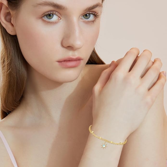 Sun Bracelet/Anklet 925 Sterling Silver Moonstone Star Sunburst Adjustable Ankle Bracelet Star Celestial Jewelry for Women Daughter Friend Sister