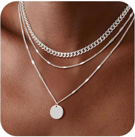 Gold/Silver Layered Necklaces for Women,Dainty 14k Gold Plated Stackable Choker Necklaces for Women,Trendy Layering Coin Chain Pendant Jewelry Set Gifts