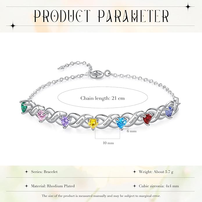 Personalized Custom Name Heart Bracelet with 1-6 Birthstone Bracelets for Women Engraved Family Names Link Bracelets for Mother's Day Mom Daughter