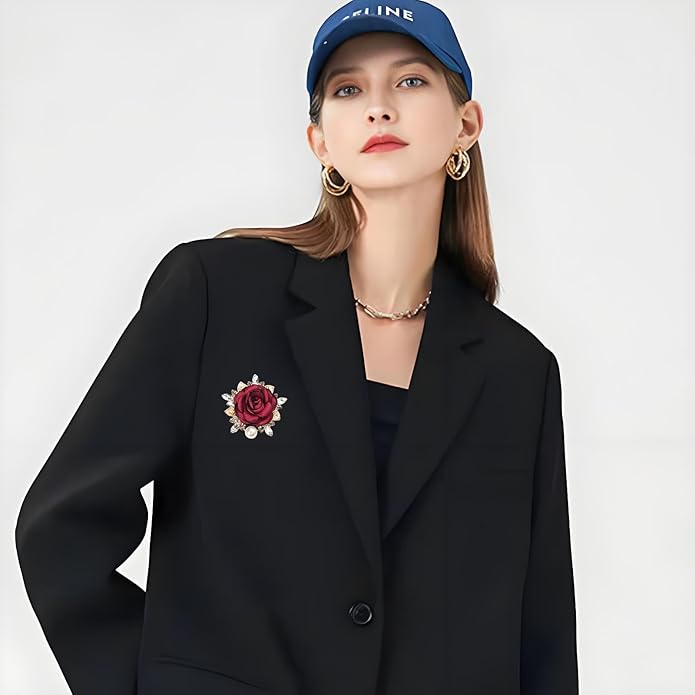 QLUYCKW Rose Flower Brooch Pin for Women Fashion Dainty Gold Plated 3D Red Roses Floral Crystal Brooch Pin Birthday Dress Suit Accessories Jewelry
