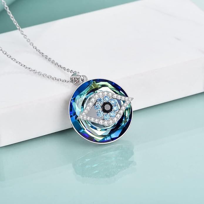 WINNICACA Sterling Silver Evil Eye Necklace Protection Crystal Pendant for Women Good Luck Vintage Evil Eye Pendant Jewelry Birthday Gifts for Women Friend Female