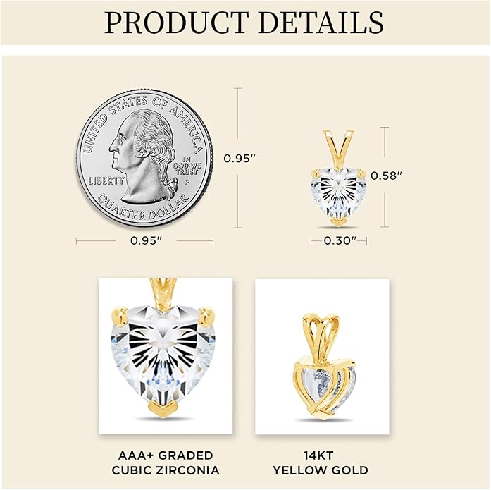 Everyday Elegance Solid 14K Gold Cubic Zirconia Solitaire Pendant Necklace for Women Heart, Princess, Round, Oval, Emerald, Pear & Cushion Cut 1 or 2 CTW | .60mm Thick 16" 18" Length Box Link Chain