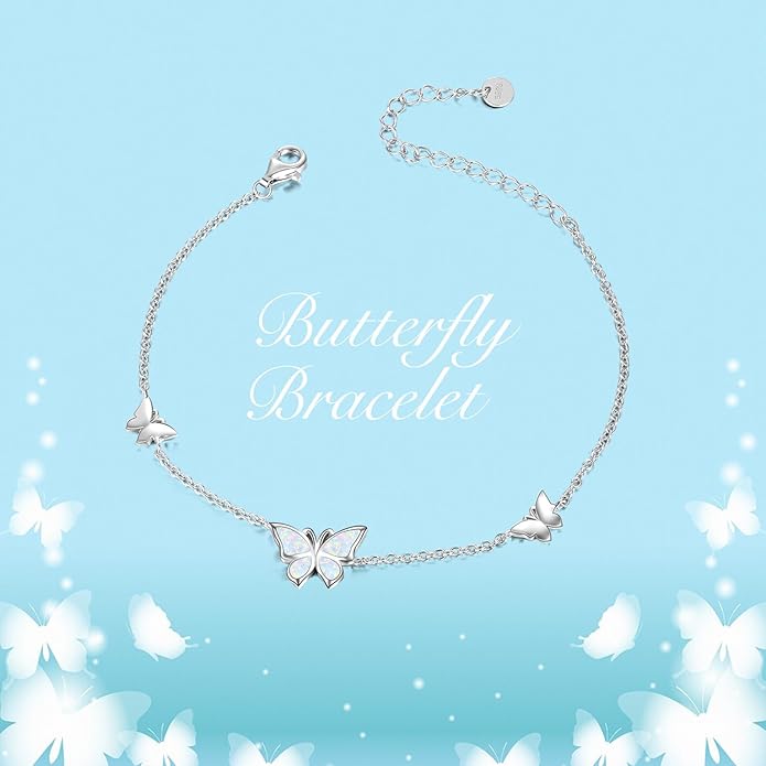 WINNICACA Sterling Silver Butterfly Bracelet Anklet Created Opal Butterfly Jewelry Gifts for Women Birthday Christmas Day Gifts