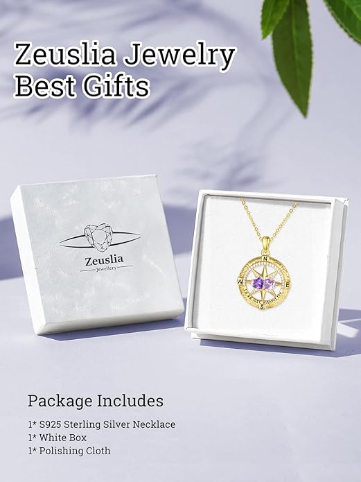 Zeuslia Double Birthstone Necklace Gifts for Wife - 925 Sterling Silver Sunflower/Rose/Crown Cross/Compass/Heart Pendant I Love You Necklace, Anniversary Birthday Gifts for Wife Girlfriend Mom Her