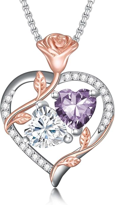 Christmas Gifts for Women Rose Heart Birthstone Pendant Necklace I Love You Forever Jewelry Valentine Mothers Day Birthday Gifts for Women Her Wife Girlfriend
