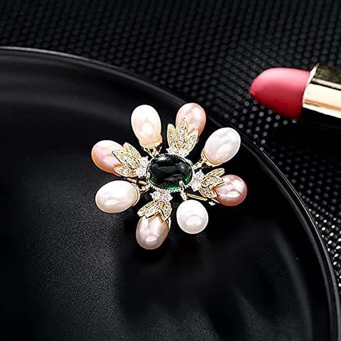 14K Gold Handcrafted Emerald Brooch with Moissanite and Freshwater Pearls - Vintage Style Floral Corsage, Fashion Coat Accessory Gift