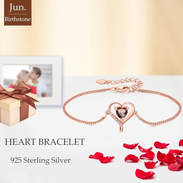 LAVUMO Love Heart Bracelets for Women 925 Silver Charm Birthstone Bracelet Adjustable Anniversary Birthday Jewelry Gifts for Women Girlfriend Wife Daughter Mom Her