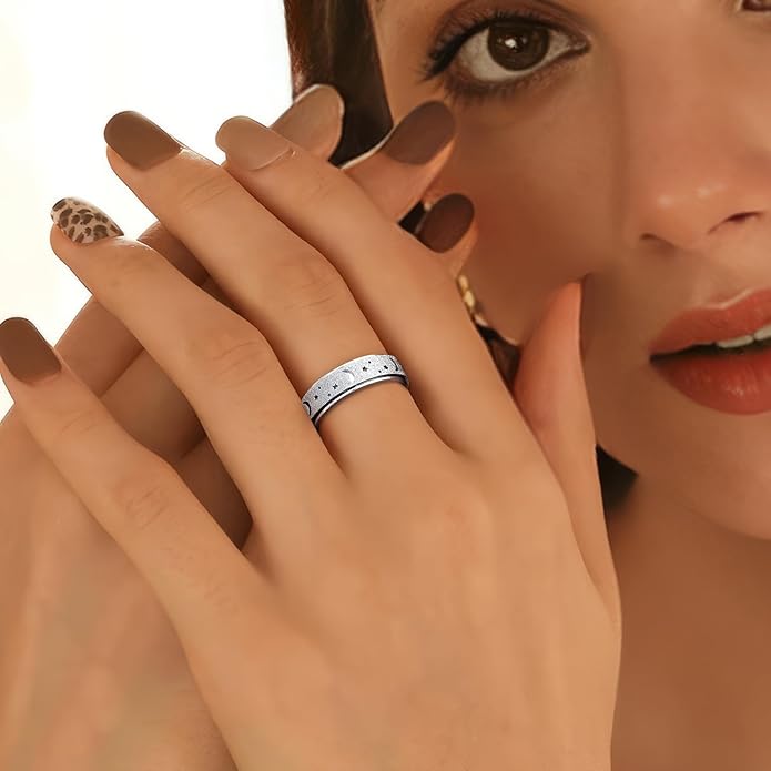 AmorArtSky Anxiety Ring for Women Men, Titanium Stainless Steel Spinner Ring, 5 Colors, 6MM, Size 6-10, 3 Styles Anxiety Ring-Moon Star, Sandblasted Finished, Hollow Outer