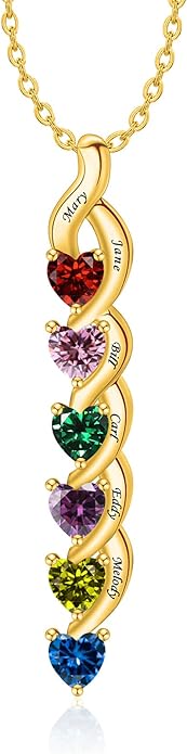 MissNaNa Sterling Silver Personalized Mothers Necklace with Simulated Birthstones Engraved 1-6 Children Names Custom Love Heart Pendant Family Necklace for Women Mother's Day Birthday