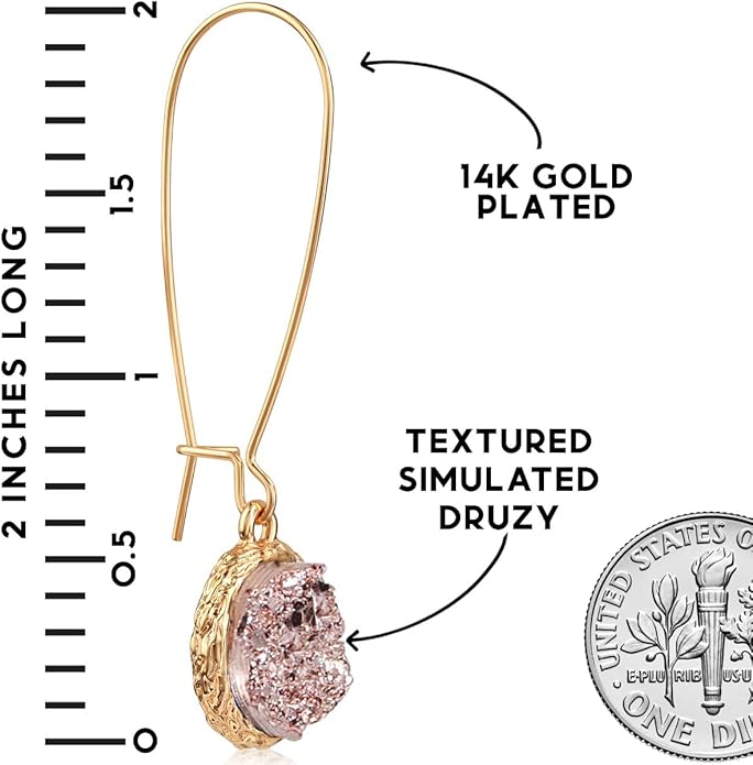 Simulated Druzy Threader Drop Earrings for Women - Gold, Silver, or Rose Gold Tone Trendy Boho Dangles with Sparkly Round Stone