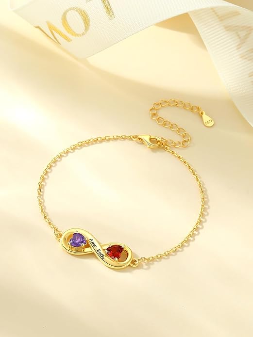 Custom4U Personalized Infinity Love Symbol Link Bracelets for Women 925 Sterling Silver Birthstone Bracelet Adjustable Engraved Chain Christmas Mother's Day Birthday Jewelry Gifts for Mom Her