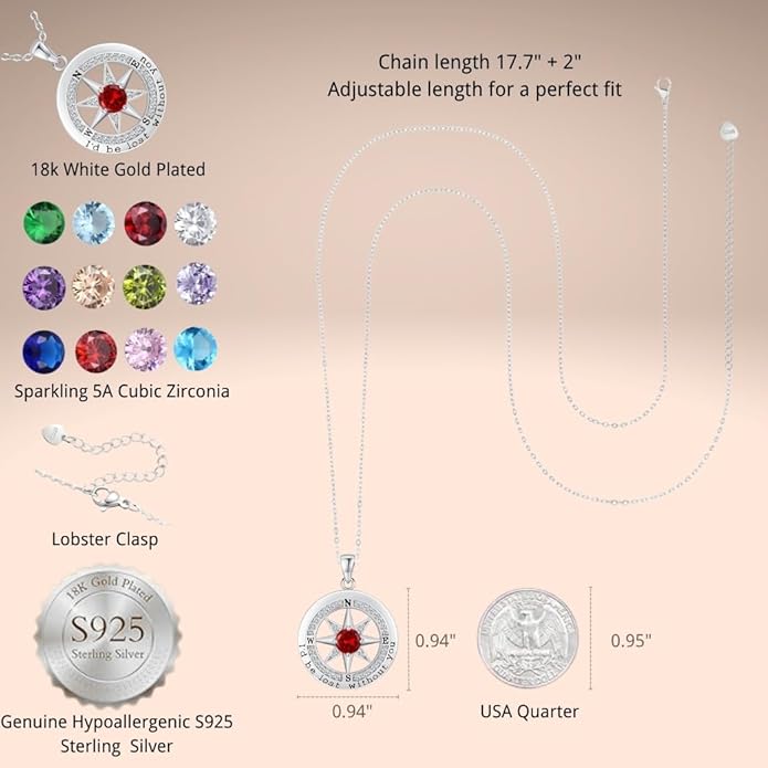Compass Necklace for Women Wife Girlfriend Mom Daughter Gifts S925 Silver Jewelry For Anniversary Rose Gold Gifts For Birthday Christmas Mothers Valentines Day 12 Birthstones
