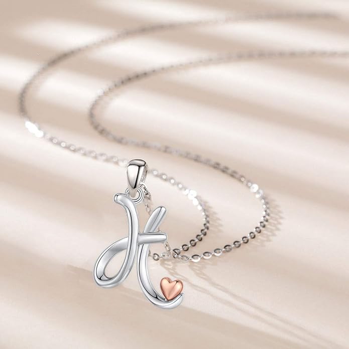 CELESTIA 925 Sterling Silver Initial Necklaces 26 Letter with Rose Gold Heart - 18 Inch Chain