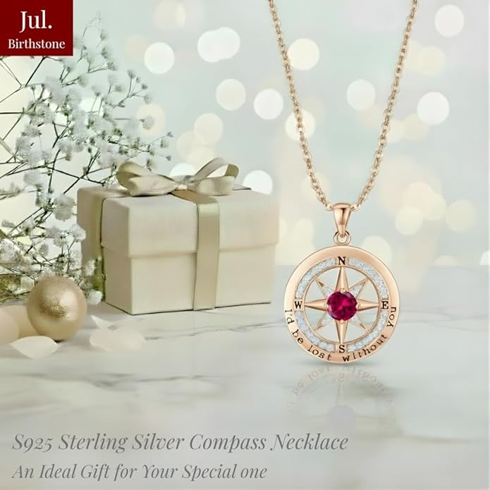Compass Necklace for Women Wife Girlfriend Mom Daughter Gifts S925 Silver Jewelry For Anniversary Rose Gold Gifts For Birthday Christmas Mothers Valentines Day 12 Birthstones