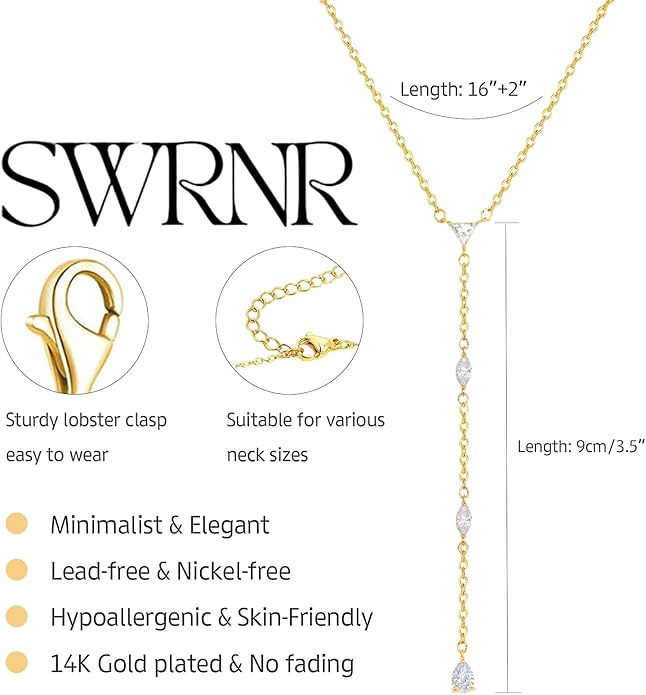 Lariat Necklace for Women, Dainty 14K Gold/Silver Plated Long Necklaces for Women Trendy Simple Layered Y-Shaped Drop Pendant Necklace Adjustable Gold Jewelry Gifts For Her Christmas Stocking Stuffer