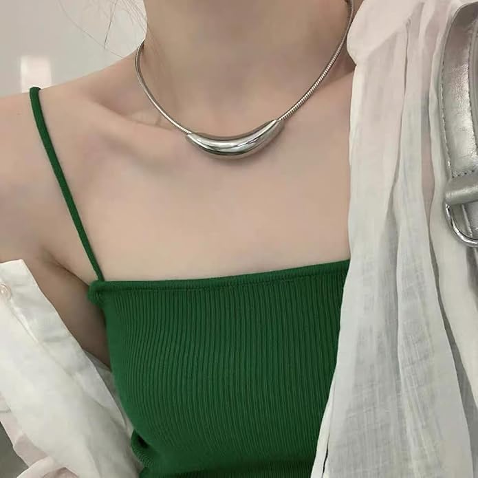 Stailess Steel Metal Curved Bar Tube Choker Necklace For Women,Statement Chunky Snake Chain Horizontal Round Tube Jewelry Necklace