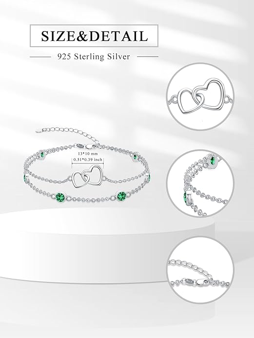 Dorunmo Heart Birthstone Bracelet Anklet for Women 925 Sterling Silver Birthday Jewelry Gifts for Women Wife