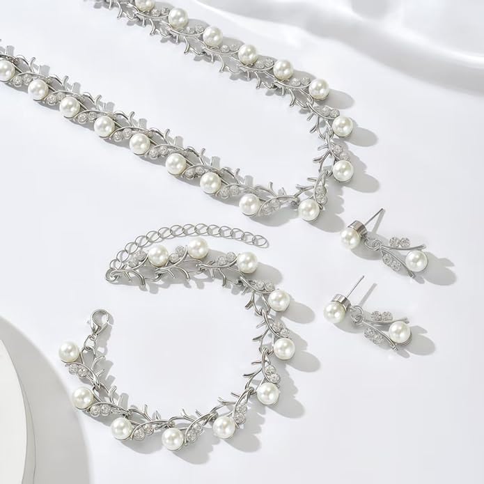 la luen Pearl Bride Wedding Jewelry Set Faux Pearls Crystal Rhinestone Necklace Earrings Bracelet Sets for Women Bridesmaid(3 PCS)