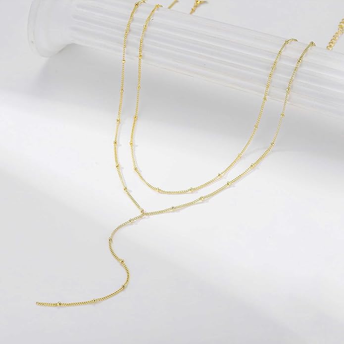 Ursteel Dainty Lariat Necklace for Women, 14K Gold Plated Y-Shaped Long Necklace Layered Drop Necklaces Pearl Cross Clover CZ Charm Necklaces for Women Christmas Jewelry Gifts Stocking Stuffers