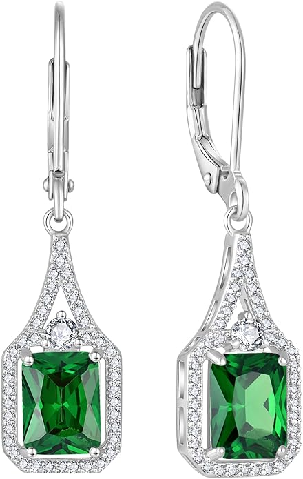 Emerald Cut Dangle Drop Earrings 925 Sterling Silver Halo Rectangular Leverback Earrings Birthstone Jewelry for Women